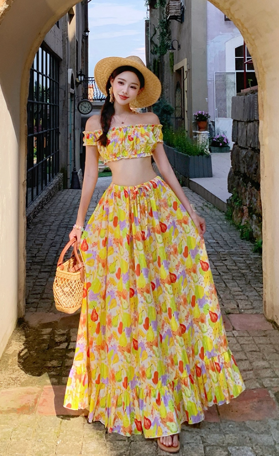 Dopamine Style Fruits Print Two-Piece Set Maxi Dress Vibrant Off-Shoulder Ruffled Hem Long Dress AP1283