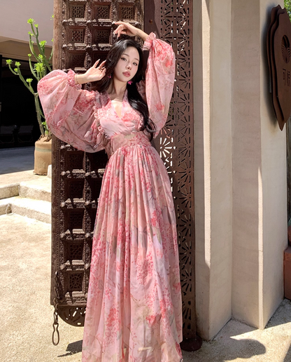 Romantic Long Puff-Sleeve Floral Print Maxi Dress Scenic Vacays Pink Deep V-Neck Flowy Long Dress AP1284