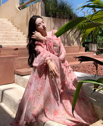 Romantic Long Puff-Sleeve Floral Print Maxi Dress Scenic Vacays Pink Deep V-Neck Flowy Long Dress AP1284