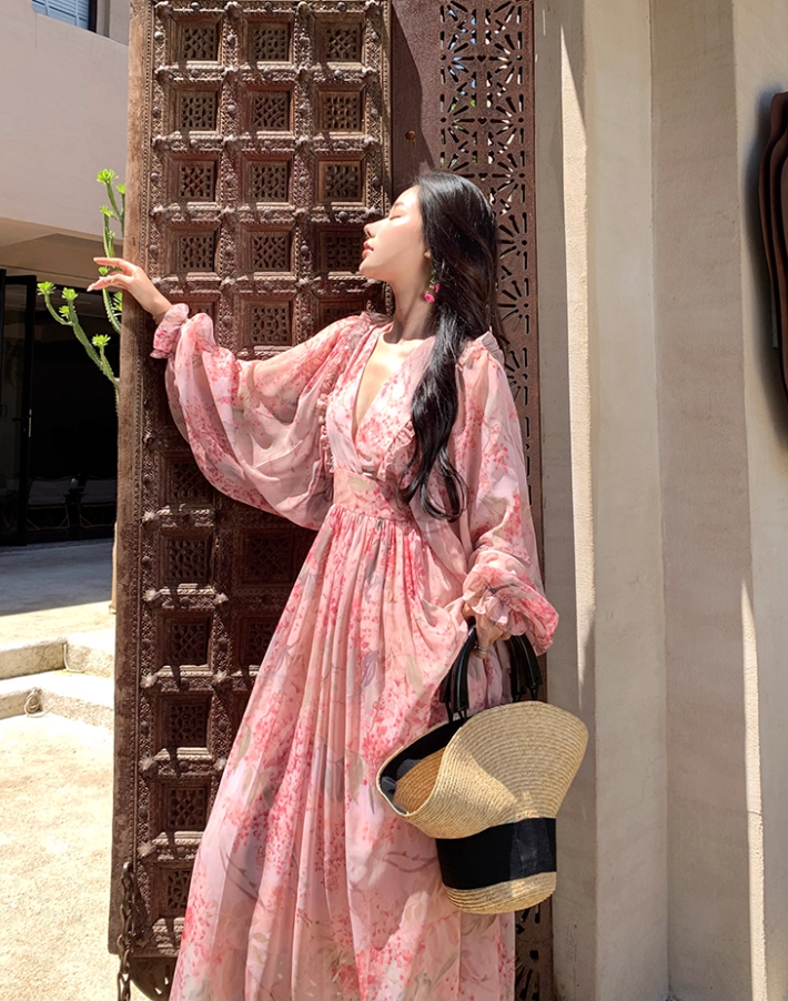 Romantic Long Puff-Sleeve Floral Print Maxi Dress Scenic Vacays Pink Deep V-Neck Flowy Long Dress AP1284