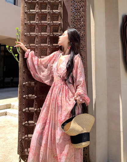 Romantic Long Puff-Sleeve Floral Print Maxi Dress Scenic Vacays Pink Deep V-Neck Flowy Long Dress AP1284