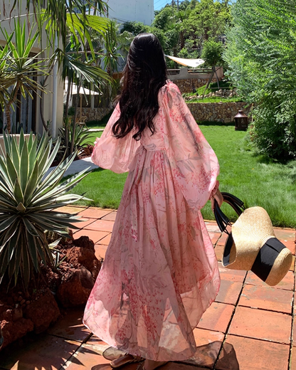 Romantic Long Puff-Sleeve Floral Print Maxi Dress Scenic Vacays Pink Deep V-Neck Flowy Long Dress AP1284