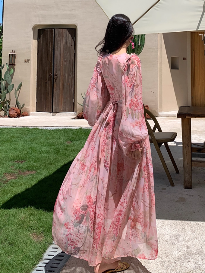 Romantic Long Puff-Sleeve Floral Print Maxi Dress Scenic Vacays Pink Deep V-Neck Flowy Long Dress AP1284