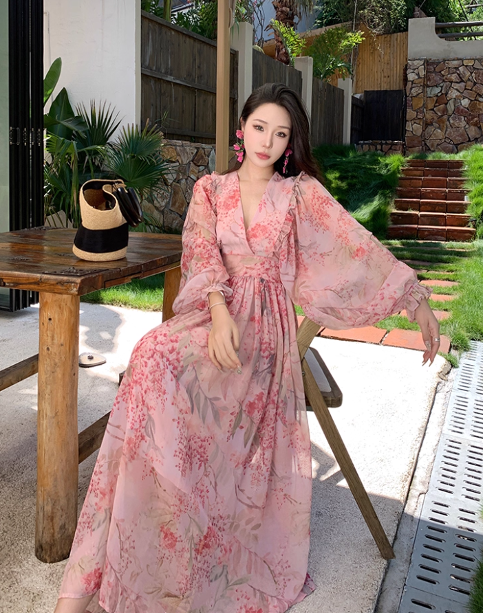 Romantic Long Puff-Sleeve Floral Print Maxi Dress Scenic Vacays Pink Deep V-Neck Flowy Long Dress AP1284