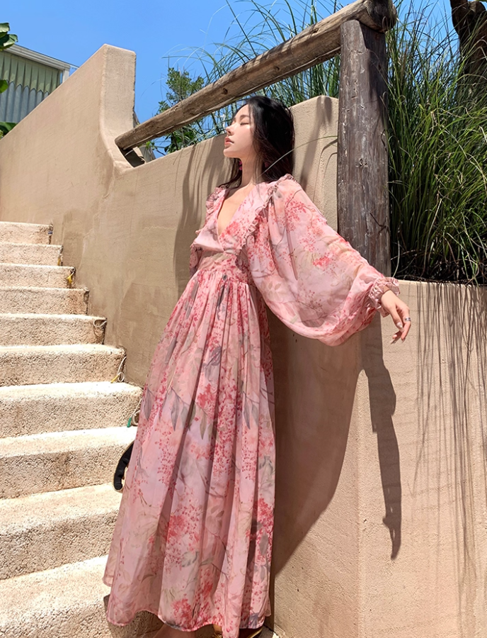 Romantic Long Puff-Sleeve Floral Print Maxi Dress Scenic Vacays Pink Deep V-Neck Flowy Long Dress AP1284