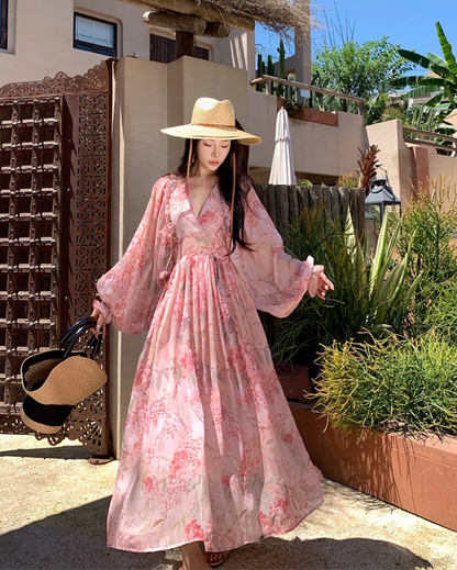 Romantic Long Puff-Sleeve Floral Print Maxi Dress Scenic Vacays Pink Deep V-Neck Flowy Long Dress AP1284
