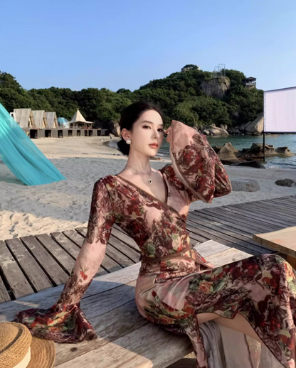 Retro Long Bell-Sleeve Floral Print Maxi Dress Summer Vacays Flowy Deep V-Neck Long Dress AP1285