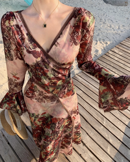 Retro Long Bell-Sleeve Floral Print Maxi Dress Summer Vacays Flowy Deep V-Neck Long Dress AP1285