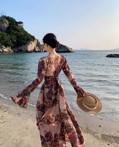 Retro Long Bell-Sleeve Floral Print Maxi Dress Summer Vacays Flowy Deep V-Neck Long Dress AP1285