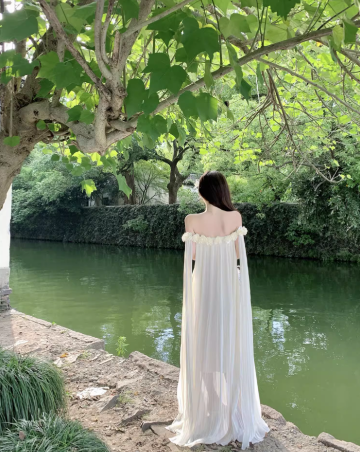 Charming Ivory Floral Design Flowy Maxi Dress Ethereal Tulle Overlay Off-Shoulder Long Dress AP1286