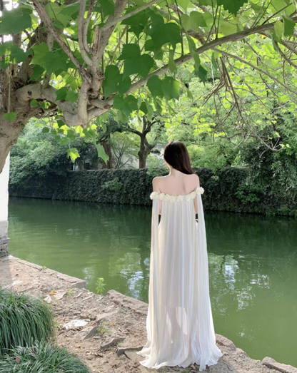 Charming Ivory Floral Design Flowy Maxi Dress Ethereal Tulle Overlay Off-Shoulder Long Dress AP1286