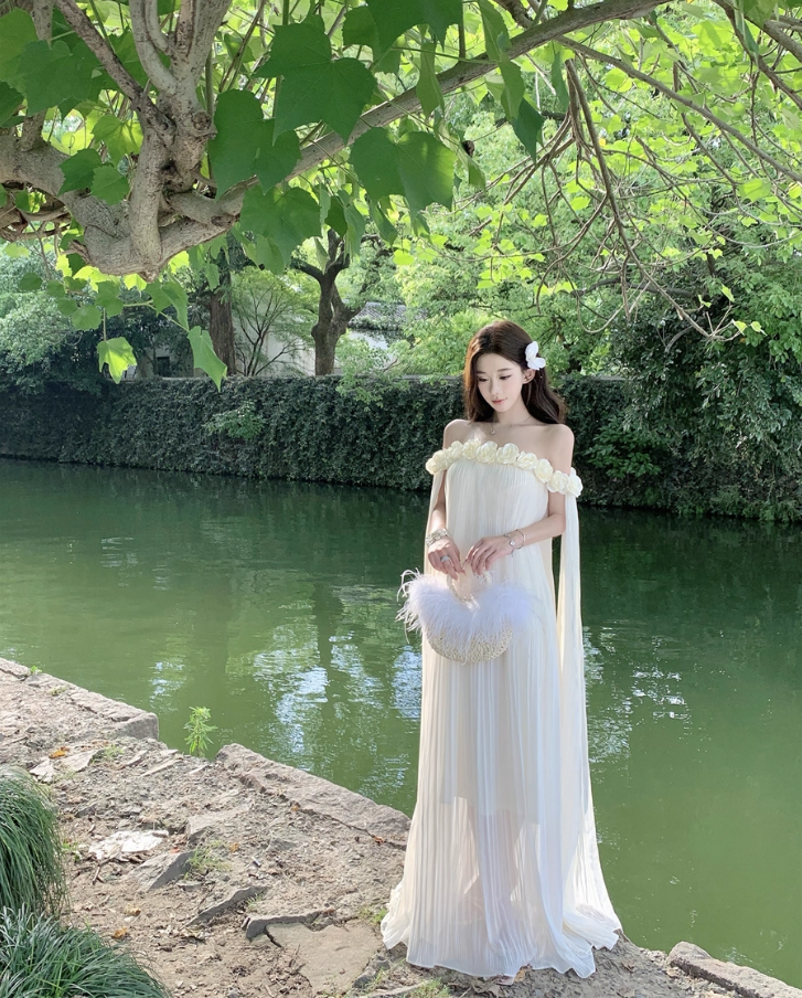 Charming Ivory Floral Design Flowy Maxi Dress Ethereal Tulle Overlay Off-Shoulder Long Dress AP1286