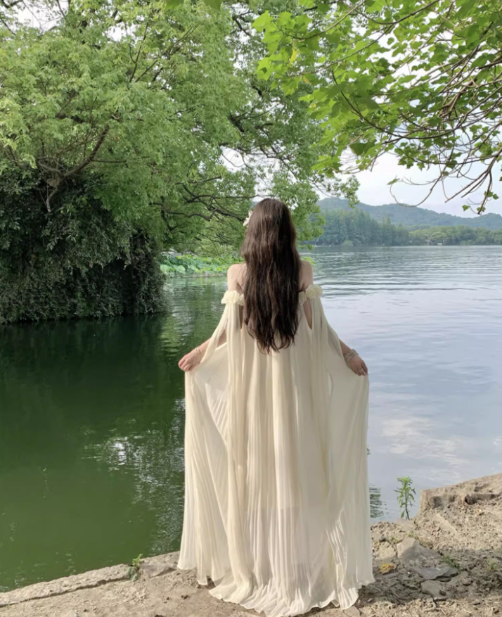 Charming Ivory Floral Design Flowy Maxi Dress Ethereal Tulle Overlay Off-Shoulder Long Dress AP1286