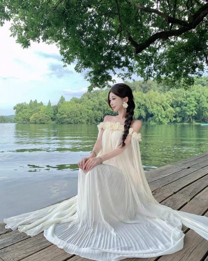 Charming Ivory Floral Design Flowy Maxi Dress Ethereal Tulle Overlay Off-Shoulder Long Dress AP1286