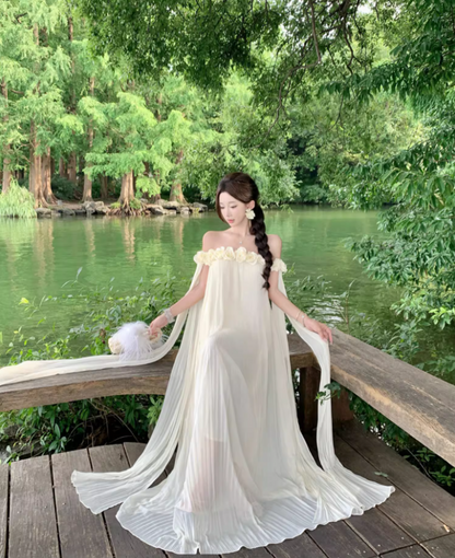 Charming Ivory Floral Design Flowy Maxi Dress Ethereal Tulle Overlay Off-Shoulder Long Dress AP1286