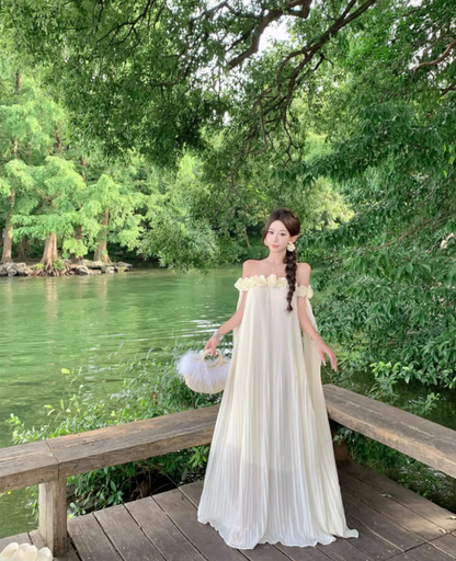 Charming Ivory Floral Design Flowy Maxi Dress Ethereal Tulle Overlay Off-Shoulder Long Dress AP1286