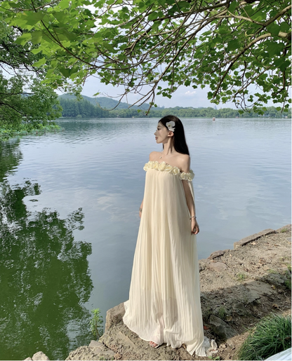 Charming Ivory Floral Design Flowy Maxi Dress Ethereal Tulle Overlay Off-Shoulder Long Dress AP1286