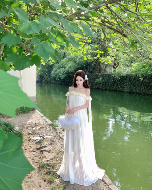 Charming Ivory Floral Design Flowy Maxi Dress Ethereal Tulle Overlay Off-Shoulder Long Dress AP1286