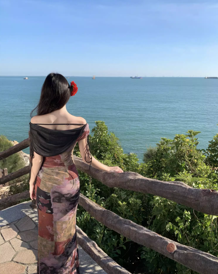 Vintage Asymmetric Draped Neckline Flowy Maxi Dress Chic Off-Shoulder Color-Block Print Long Dress AP1287