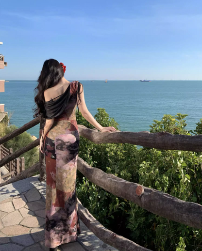 Vintage Asymmetric Draped Neckline Flowy Maxi Dress Chic Off-Shoulder Color-Block Print Long Dress AP1287