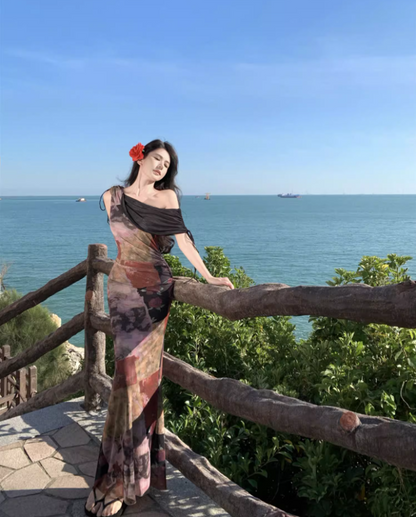 Vintage Asymmetric Draped Neckline Flowy Maxi Dress Chic Off-Shoulder Color-Block Print Long Dress AP1287