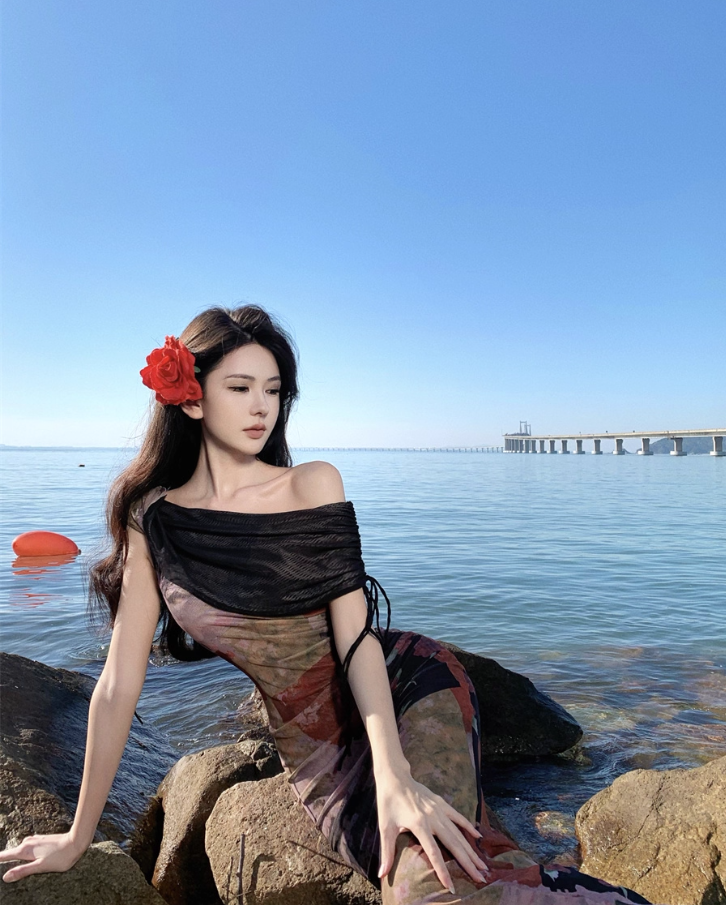 Vintage Asymmetric Draped Neckline Flowy Maxi Dress Chic Off-Shoulder Color-Block Print Long Dress AP1287