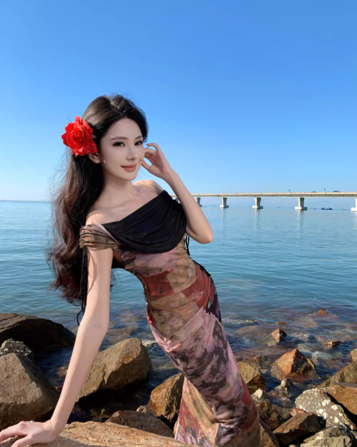 Vintage Asymmetric Draped Neckline Flowy Maxi Dress Chic Off-Shoulder Color-Block Print Long Dress AP1287