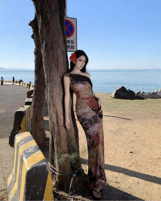 Vintage Asymmetric Draped Neckline Flowy Maxi Dress Chic Off-Shoulder Color-Block Print Long Dress AP1287