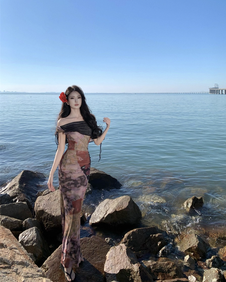 Vintage Asymmetric Draped Neckline Flowy Maxi Dress Chic Off-Shoulder Color-Block Print Long Dress AP1287