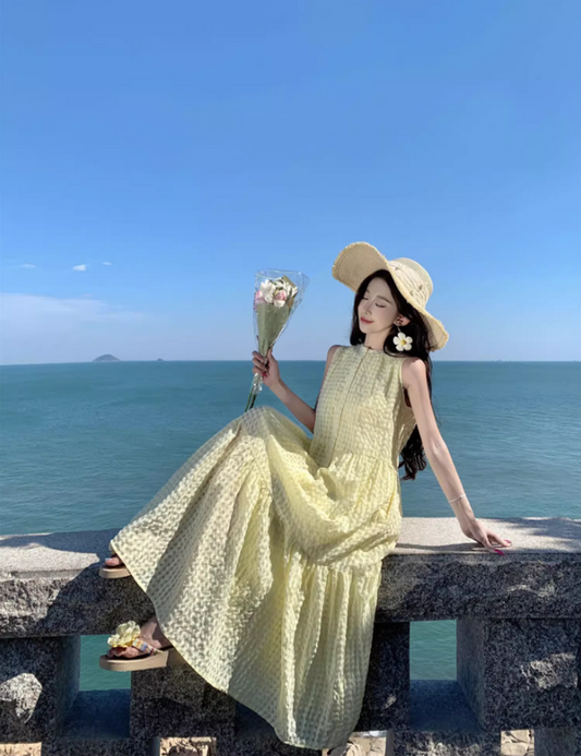 Vibrant Round Neckline Flowy Maxi Dress Classical Sleeveless Yellow Loose Style Long Dress AP1288