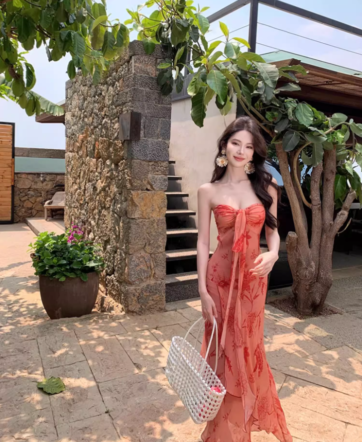 Alluring Coral Pink Tie-Front Floral Print Maxi Dress Asymmetric Hem Strapless Long Dress AP1289