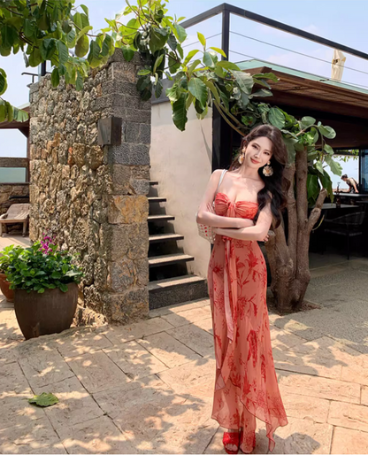 Alluring Coral Pink Tie-Front Floral Print Maxi Dress Asymmetric Hem Strapless Long Dress AP1289