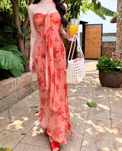 Alluring Coral Pink Tie-Front Floral Print Maxi Dress Asymmetric Hem Strapless Long Dress AP1289