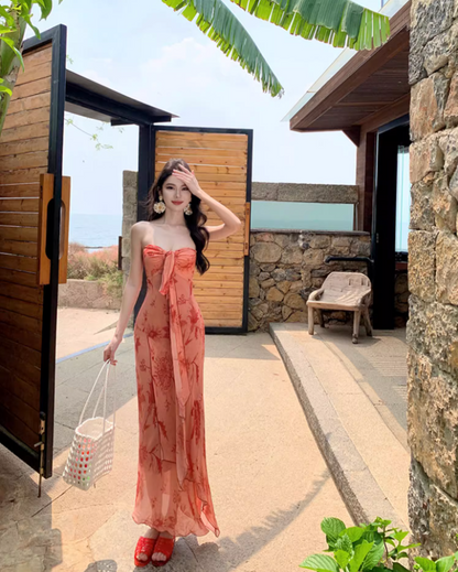 Alluring Coral Pink Tie-Front Floral Print Maxi Dress Asymmetric Hem Strapless Long Dress AP1289