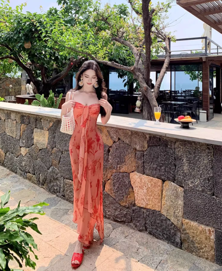 Alluring Coral Pink Tie-Front Floral Print Maxi Dress Asymmetric Hem Strapless Long Dress AP1289