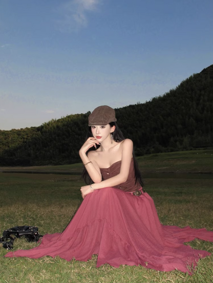 Boho Style Asymmetric Hem Two-Piece Set Maxi Dress Stylish Outdoor Trips Cutout Top Strapless Long Dress AP1290