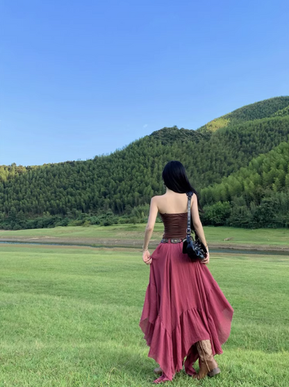 Boho Style Asymmetric Hem Two-Piece Set Maxi Dress Stylish Outdoor Trips Cutout Top Strapless Long Dress AP1290