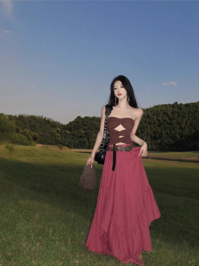 Boho Style Asymmetric Hem Two-Piece Set Maxi Dress Stylish Outdoor Trips Cutout Top Strapless Long Dress AP1290