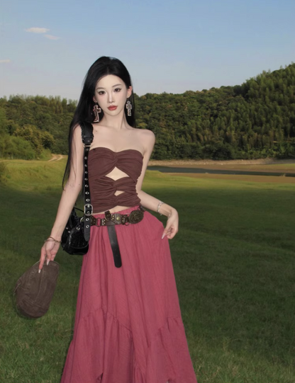 Boho Style Asymmetric Hem Two-Piece Set Maxi Dress Stylish Outdoor Trips Cutout Top Strapless Long Dress AP1290