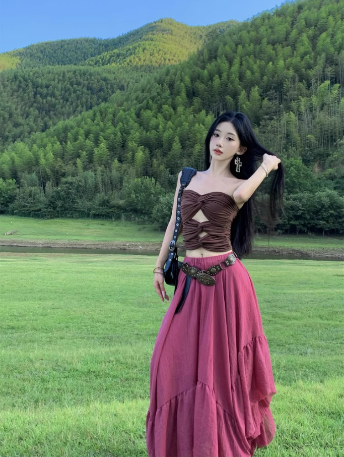 Boho Style Asymmetric Hem Two-Piece Set Maxi Dress Stylish Outdoor Trips Cutout Top Strapless Long Dress AP1290