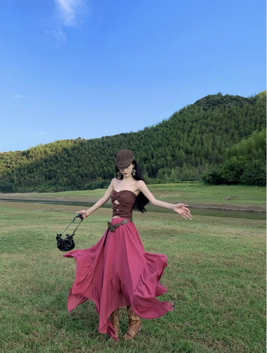 Boho Style Asymmetric Hem Two-Piece Set Maxi Dress Stylish Outdoor Trips Cutout Top Strapless Long Dress AP1290