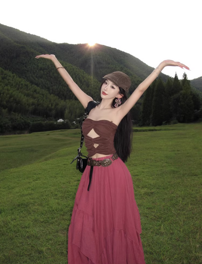 Boho Style Asymmetric Hem Two-Piece Set Maxi Dress Stylish Outdoor Trips Cutout Top Strapless Long Dress AP1290