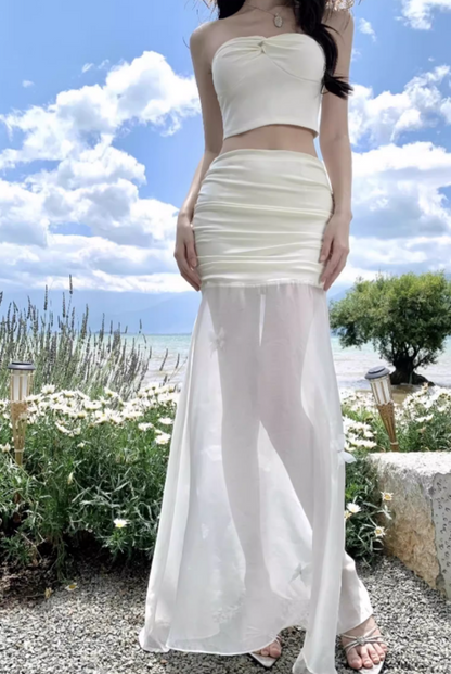 Dreamy Sheath Two-Piece Set Maxi Dress Summer Trips Outfit Strapless Top Tulle Splicing Long Dress AP1291