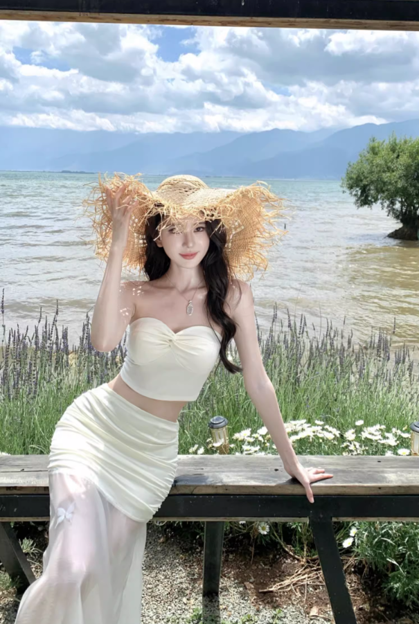 Dreamy Sheath Two-Piece Set Maxi Dress Summer Trips Outfit Strapless Top Tulle Splicing Long Dress AP1291