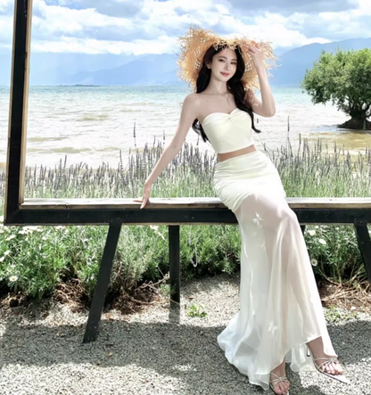 Dreamy Sheath Two-Piece Set Maxi Dress Summer Trips Outfit Strapless Top Tulle Splicing Long Dress AP1291