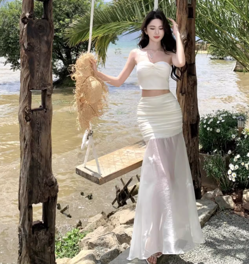 Dreamy Sheath Two-Piece Set Maxi Dress Summer Trips Outfit Strapless Top Tulle Splicing Long Dress AP1291