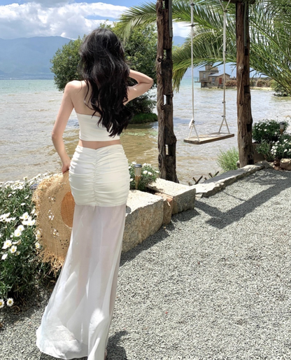 Dreamy Sheath Two-Piece Set Maxi Dress Summer Trips Outfit Strapless Top Tulle Splicing Long Dress AP1291