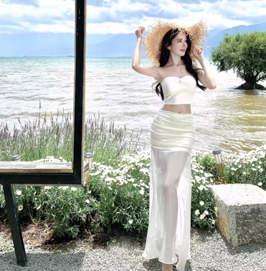 Dreamy Sheath Two-Piece Set Maxi Dress Summer Trips Outfit Strapless Top Tulle Splicing Long Dress AP1291