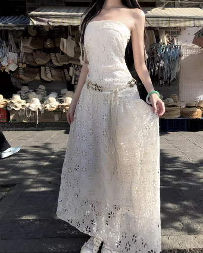 Charming Everyday Wear Cutout Maxi Dress Sunny Getaways Double Layers Strapless Long Dress AP1292