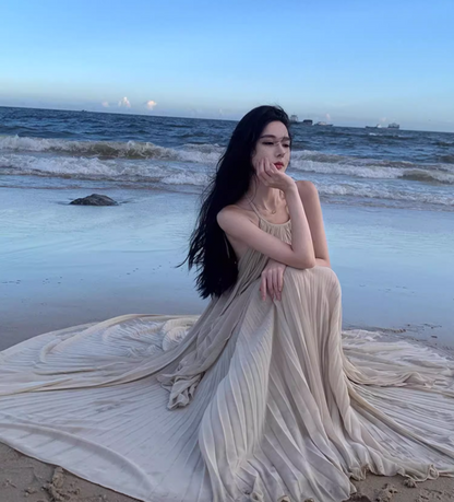 French Tea Dress Pressed Pleat Soft Fabric Flowy Tulle Layered Backless Halter Long Dress AP1293